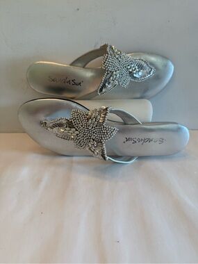 Sand and sun silver starfish bling beaded coastal thong summer sandals